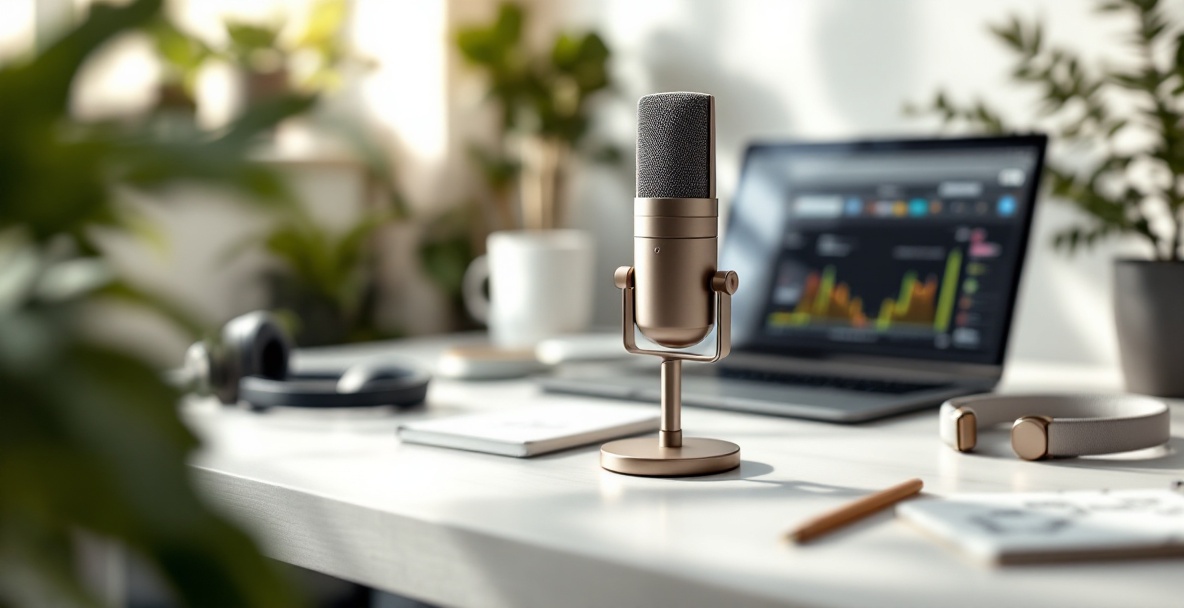 Modern podcast studio with microphone, laptop, headphones, and notepad on a minimalist desk.