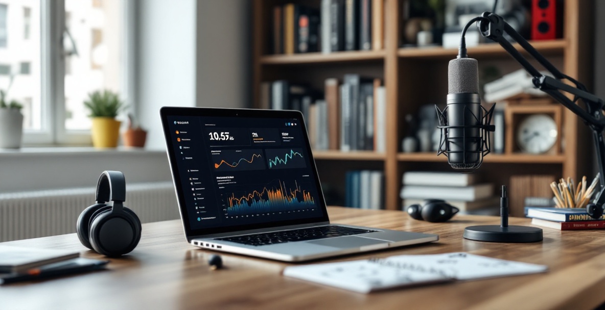 Podcaster workspace with laptop showing analytics, microphone, headphones, notepad, and bookshelf.