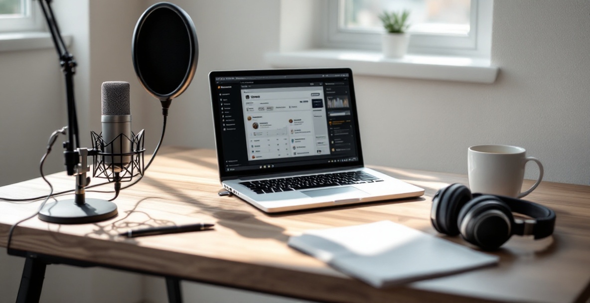Digital workspace with podcasting essentials: laptop, microphone, headphones, and notepad.
