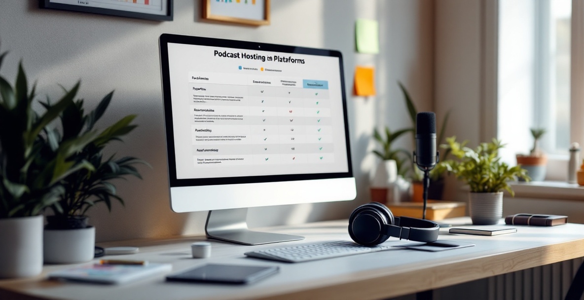 Modern workspace with podcasting tools and a chart comparing 2025 podcast platforms.