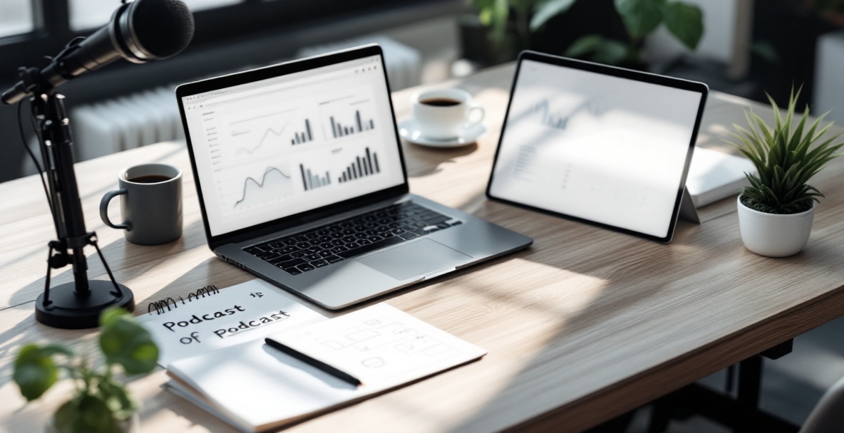 Minimalist workspace with microphone, laptop showing analytics, and podcast sketches on a desk.