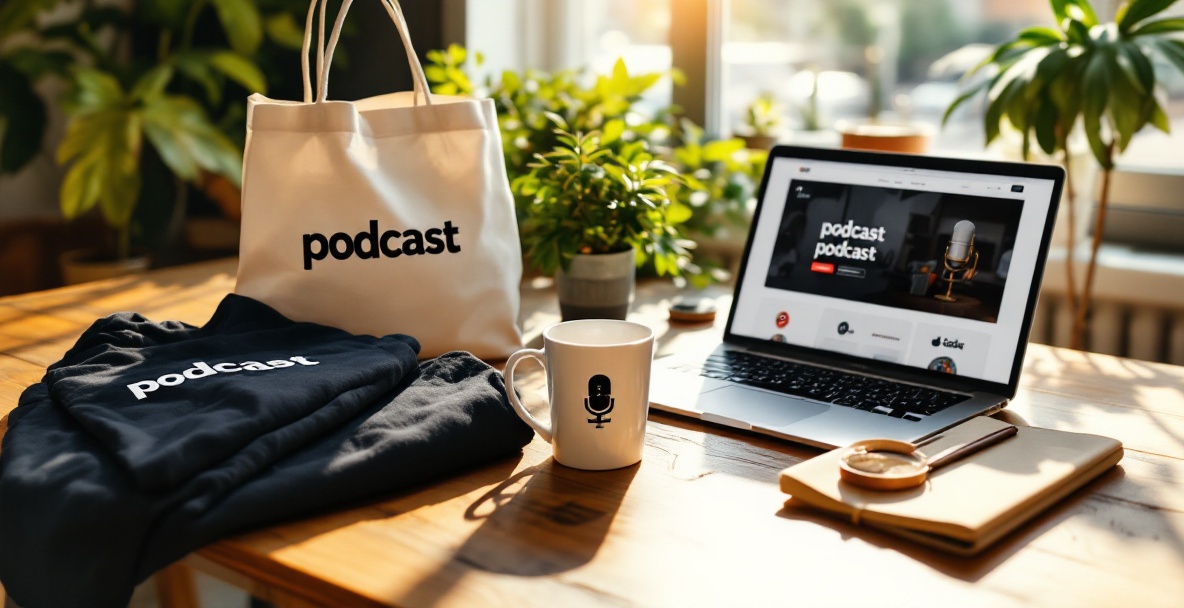 Podcast-themed merchandise on a wooden table with a laptop displaying an e-commerce page.