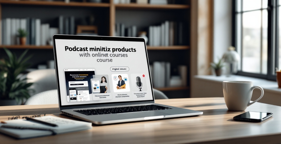 Modern workspace with laptop showing a course platform, notepad with podcast ideas, coffee, and smartphone.