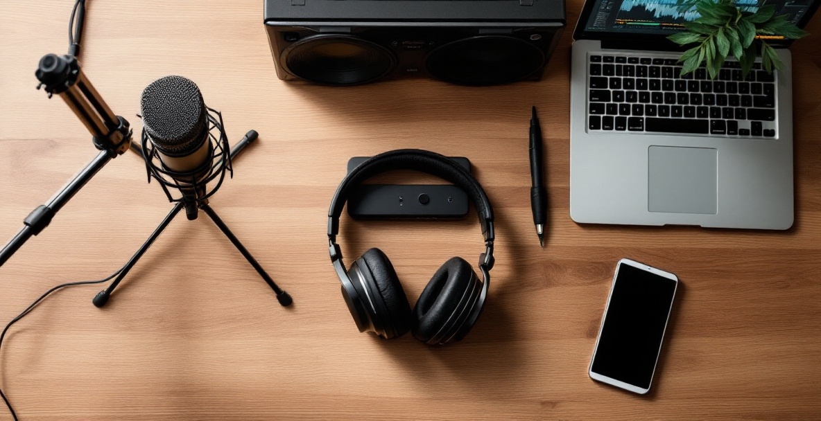 Top view of essential podcast gear on a wooden desk: microphone, headphones, audio interface, laptop.