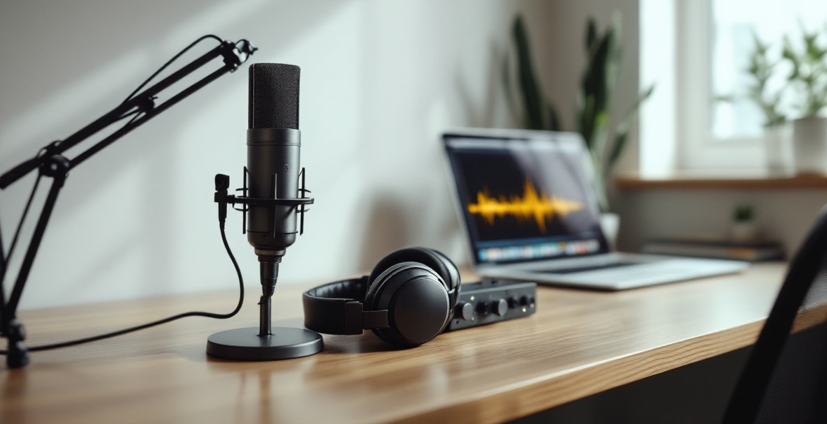 Mid-range podcasting setup with microphone, headphones, audio interface, and laptop on a wooden desk.