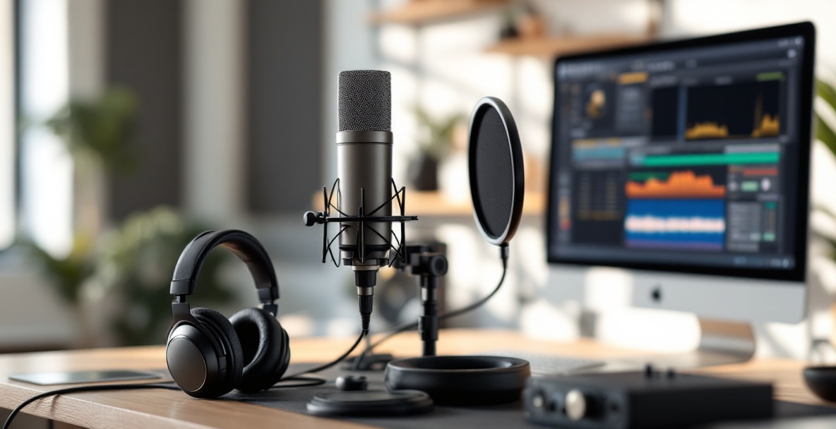 High-end podcast setup with microphone, headphones, and audio interface in a studio environment.