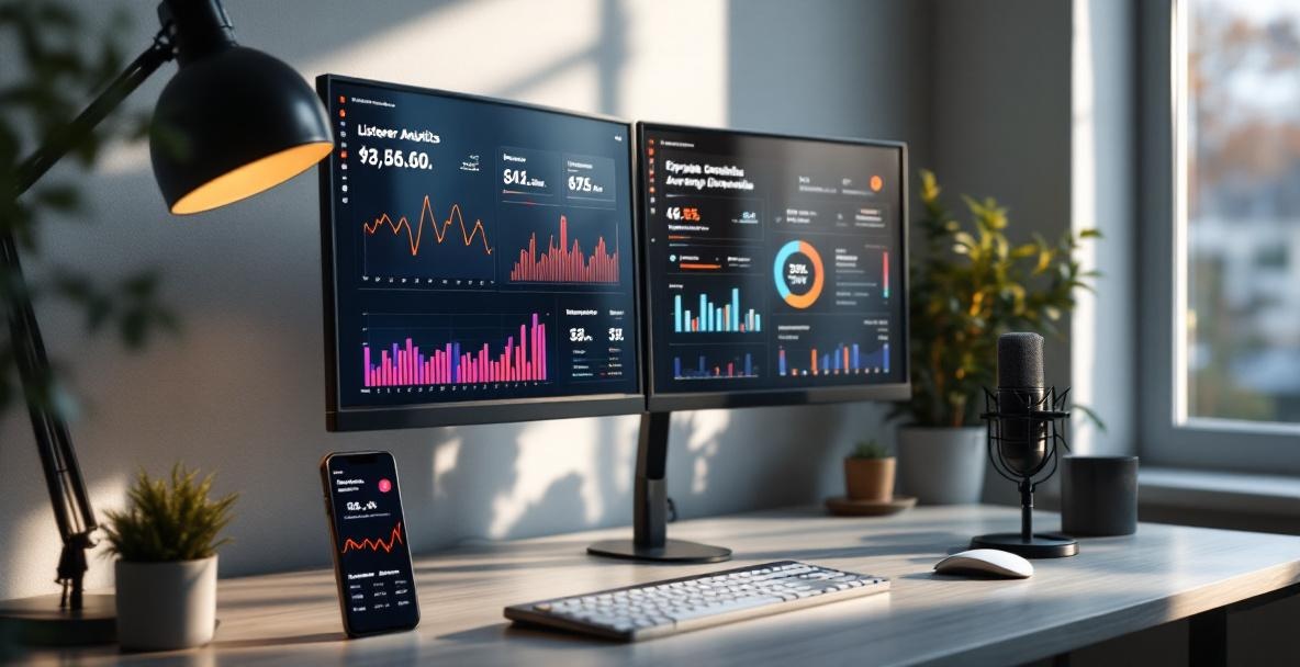 Modern workspace with dual monitors showing podcast analytics and a smartphone displaying real-time data.