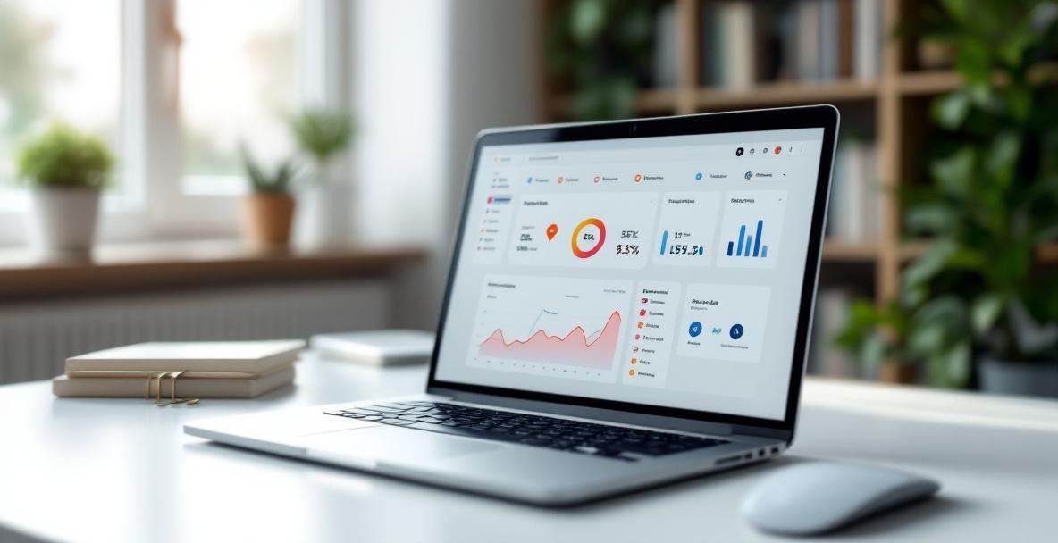 Laptop on desk displaying analytics dashboard with podcast icons and books in background.