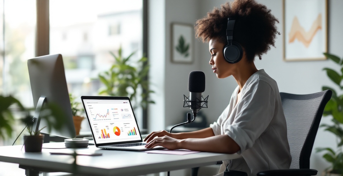 Podcaster analyzing listener demographics in a modern studio.