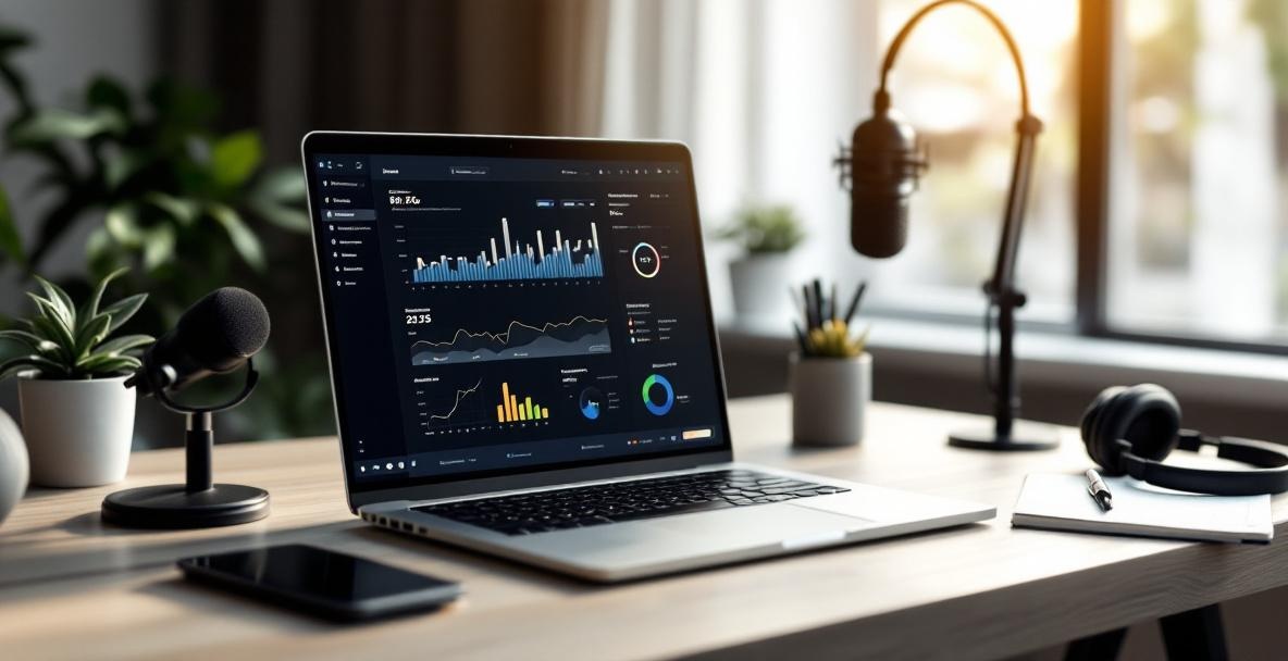Modern podcaster workspace with laptop showing analytics dashboard, microphone, headphones, and notepad.