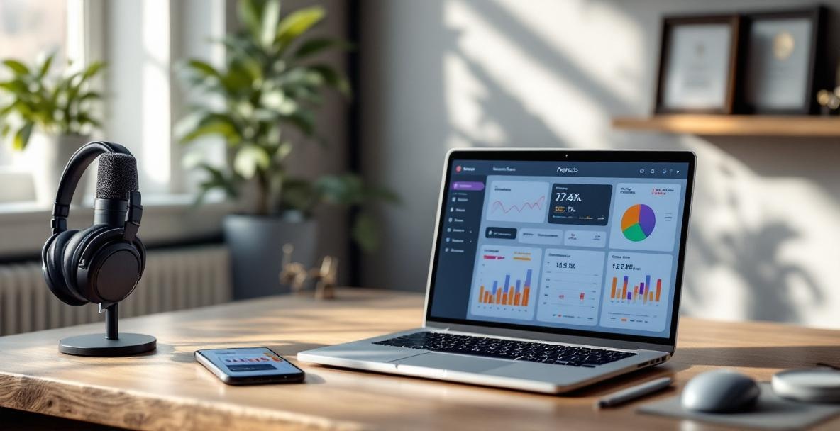 Modern workspace with podcast analytics on laptop and smartphone, microphone, headphones, and awards in the background.