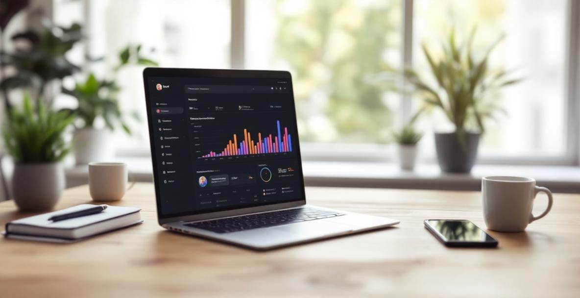 Modern workspace with a laptop displaying podcast analytics, planner, smartphone, and subtle decor.