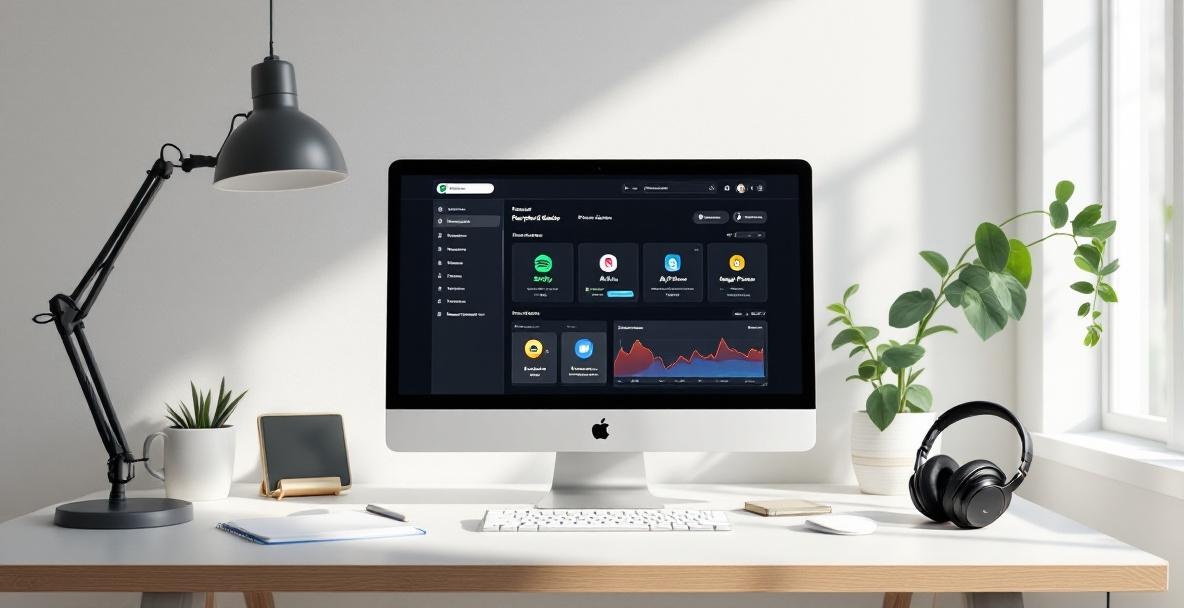 Podcast distribution dashboard on computer with workspace items like microphone and headphones.