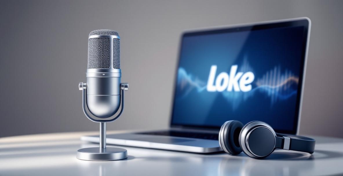 Microphone with laptop and headphones, showcasing podcast branding elements.