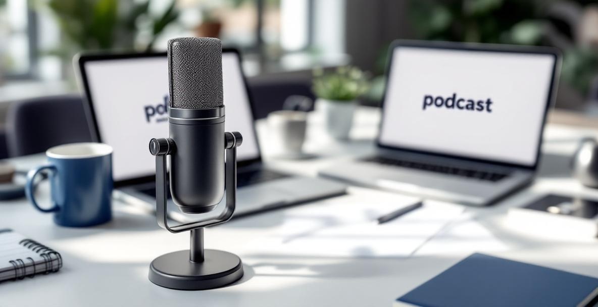Modern office desk with podcast branding merchandise and microphone.