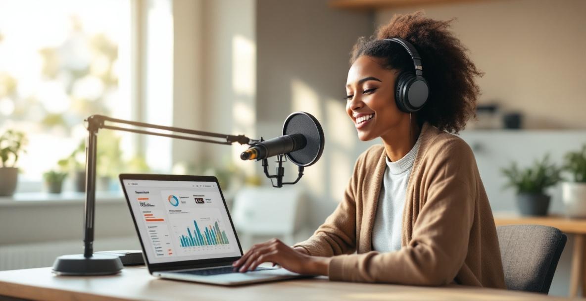 Young female podcaster in a modern studio using a laptop with analytics graphs.