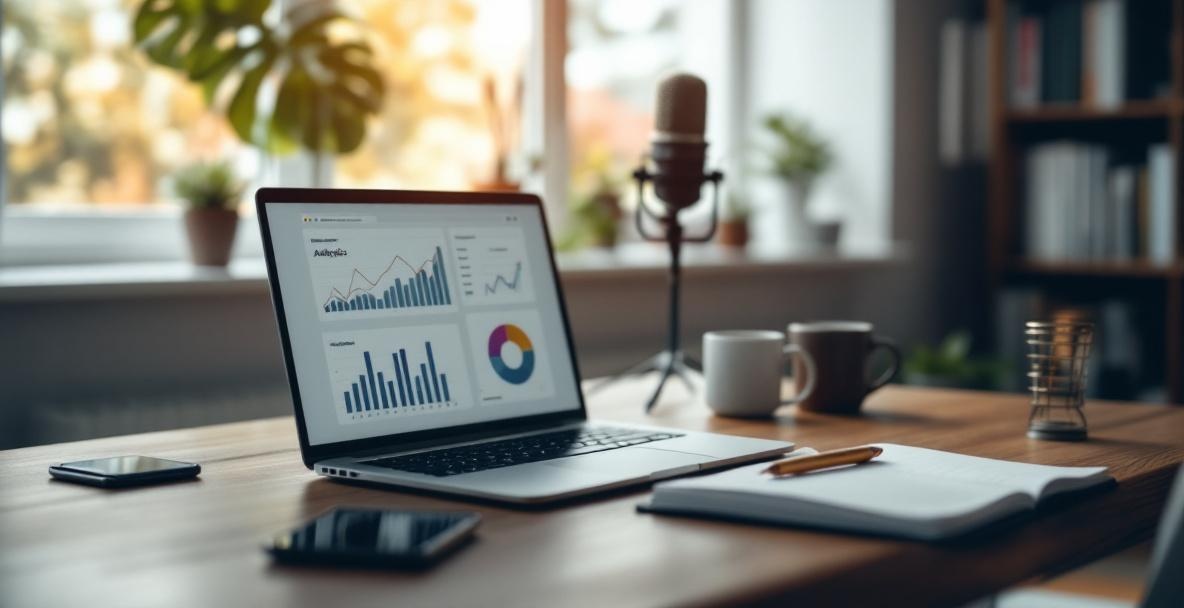 Modern podcast workspace with a laptop showing analytics, notebook, and smartphone in natural light.