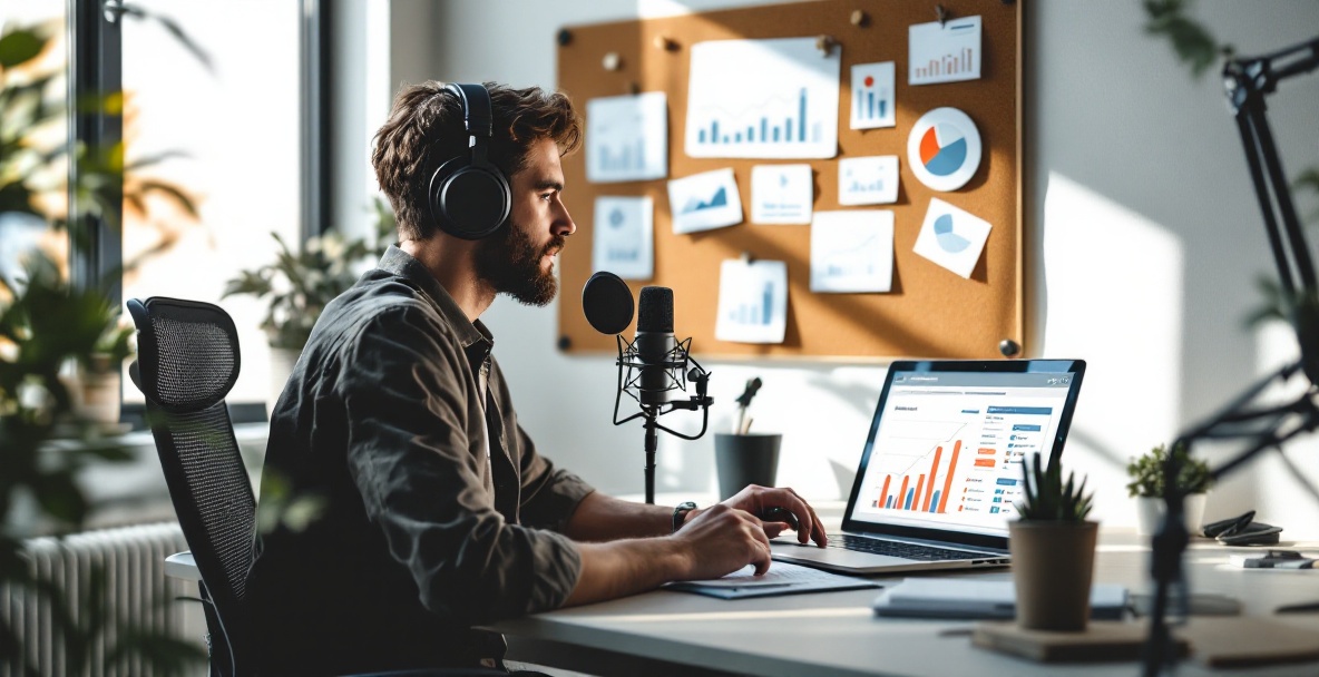Podcaster in studio analyzing audience data with microphone and laptop.