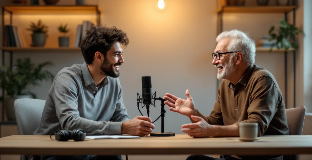 Two people in a podcast studio engaged in a friendly interview with warm lighting.