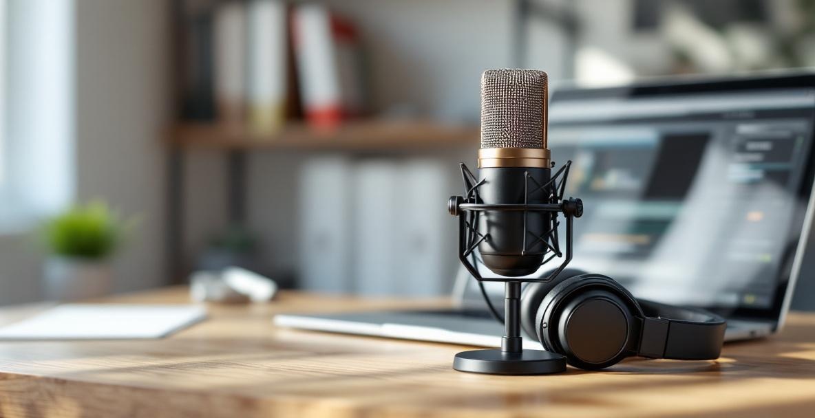 Minimalistic podcasting setup with a microphone, headphones, and laptop on a wooden desk.