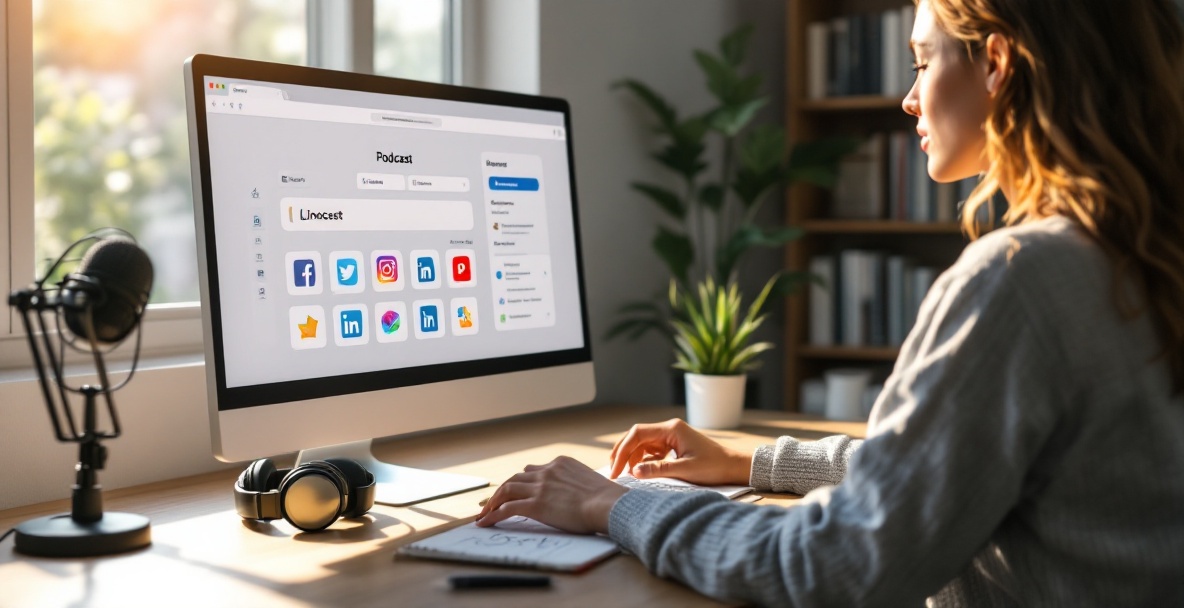 Podcaster selecting social media platforms on a computer in a sunlit home office.