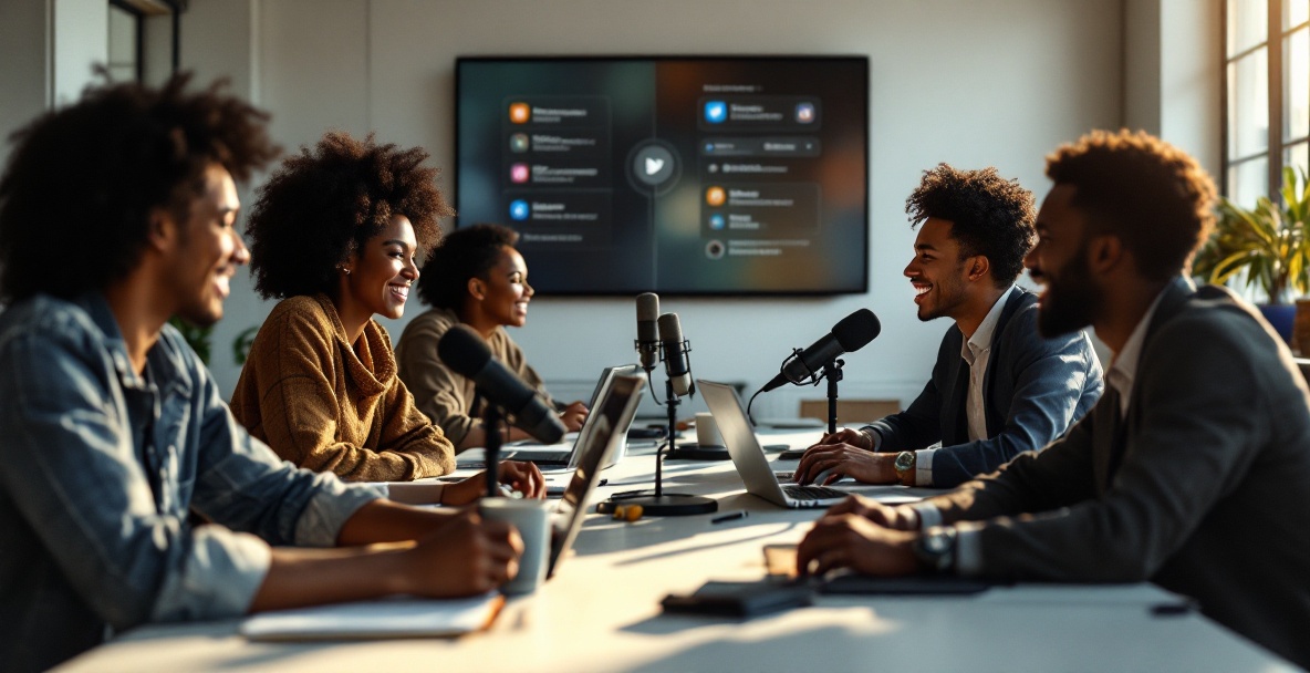 Diverse group at a modern table with laptops and mics in a podcast meeting, discussing social media strategies.
