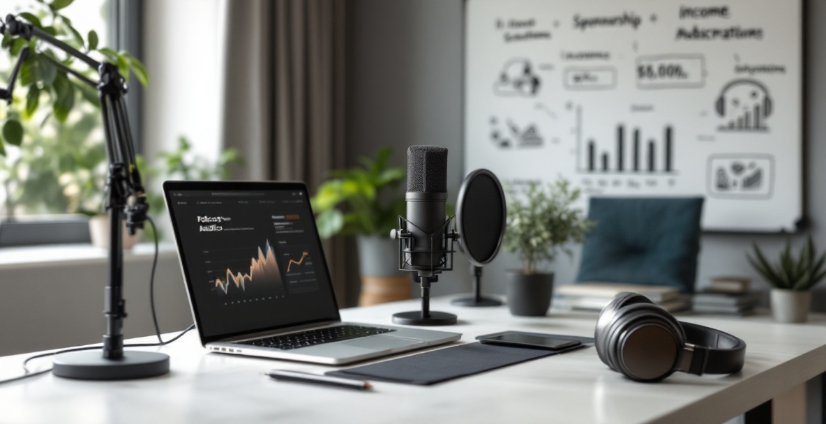 Modern podcast studio with mic, laptop showing analytics, headphones, and whiteboard illustrating income streams.