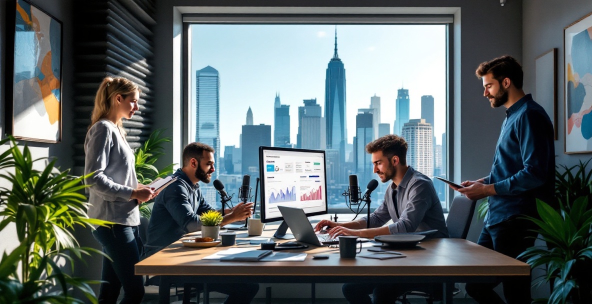 Modern podcast studio with podcaster and digital marketer, cityscape view in background.
