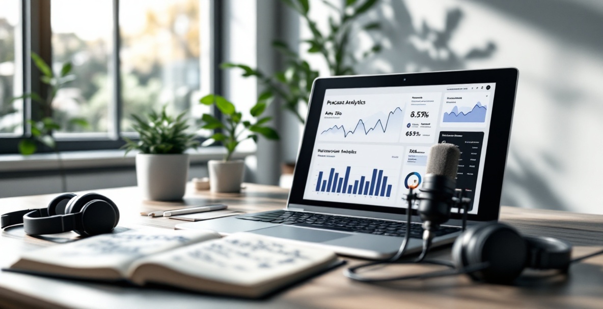 Modern workspace with laptop, podcasting tools, and natural lighting.