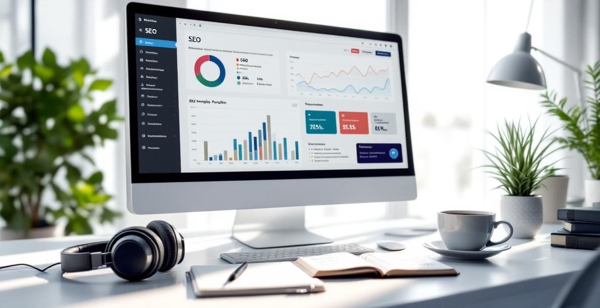 Modern workspace optimizing podcast website SEO with analytics on screen, headphones, and microphone.