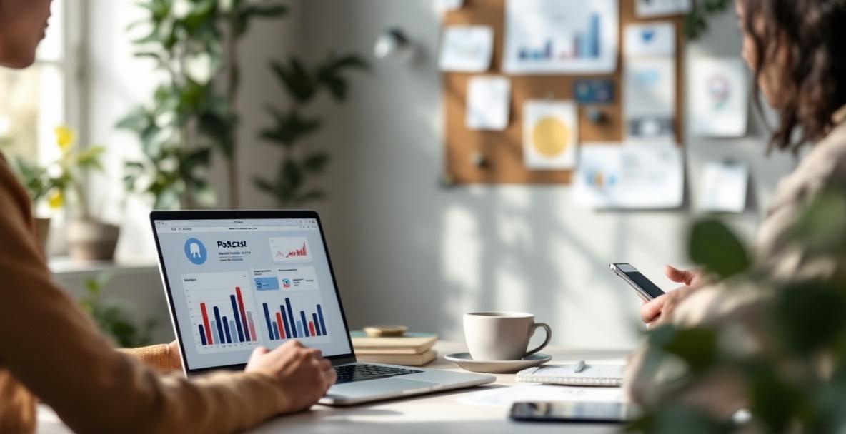 Diverse group using digital devices with podcast analytics and SEO visuals in a workspace.