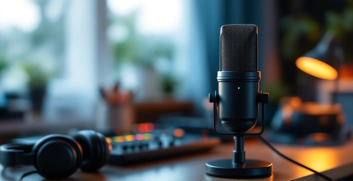 Studio microphone, sound mixer, and headphones in a professional home studio setup.