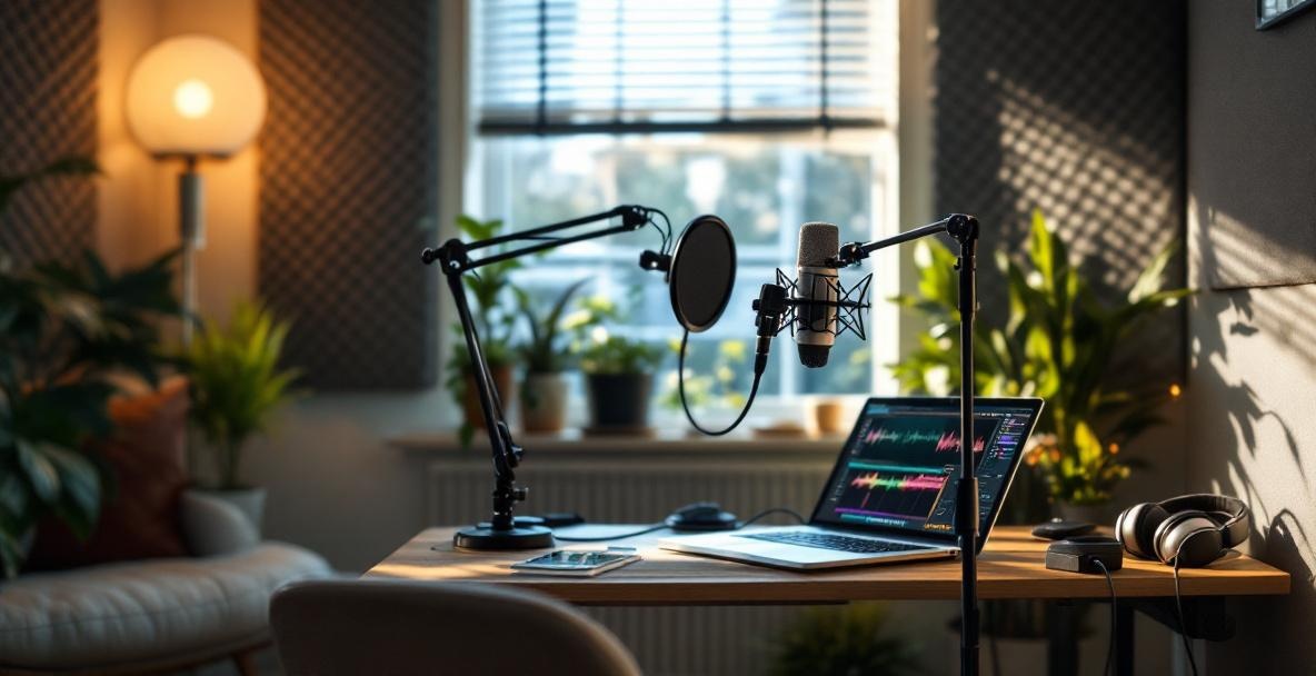Podcast setup in a tidy home studio with a mic, laptop, and acoustic panels.