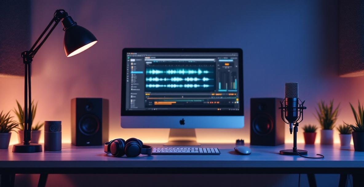 Professional podcast editing setup with computer, headphones, microphone, and acoustic panels.