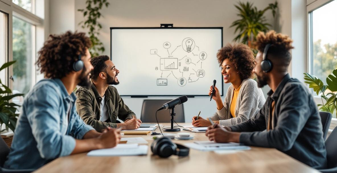 Diverse podcasters brainstorm at a table with a whiteboard in a well-lit, airy room.