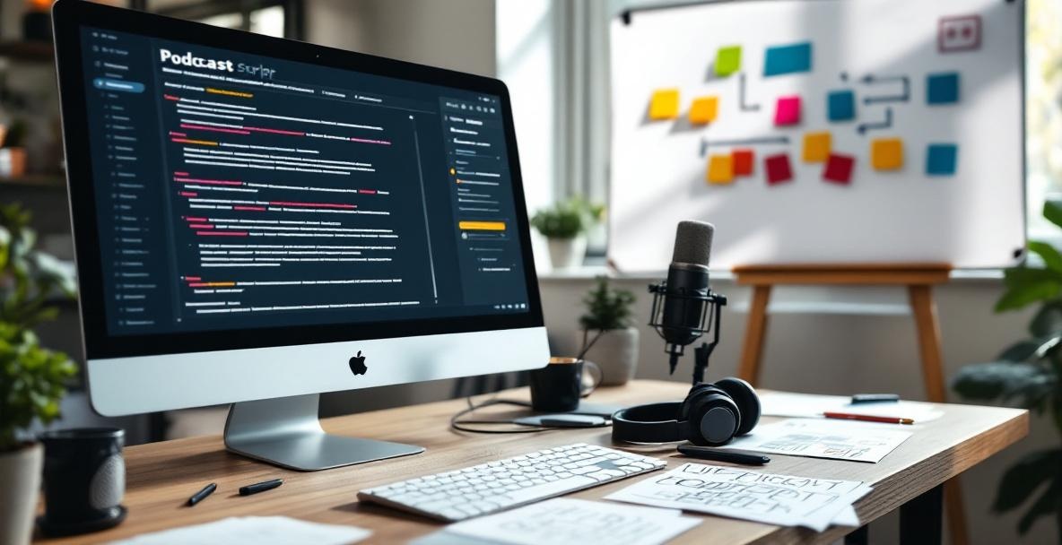 Modern podcast studio in pre-production with script, microphone, headphones, and storyboard.