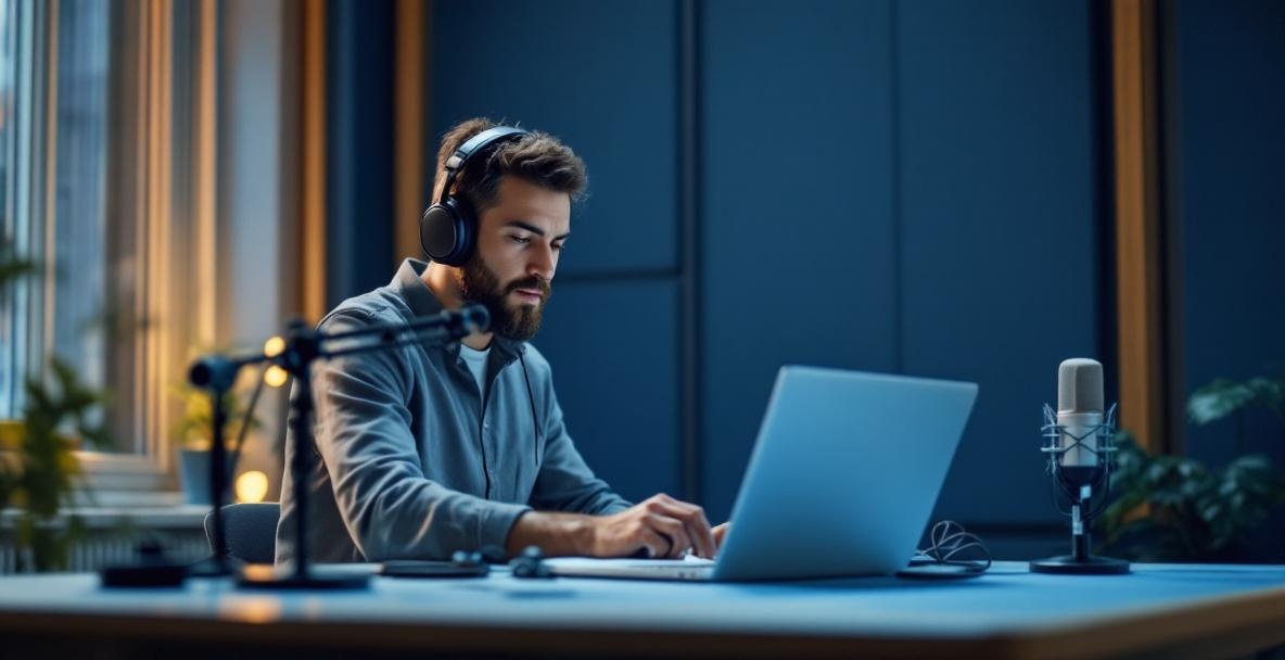 Podcaster in a modern studio focusing on recording with a microphone and laptop.