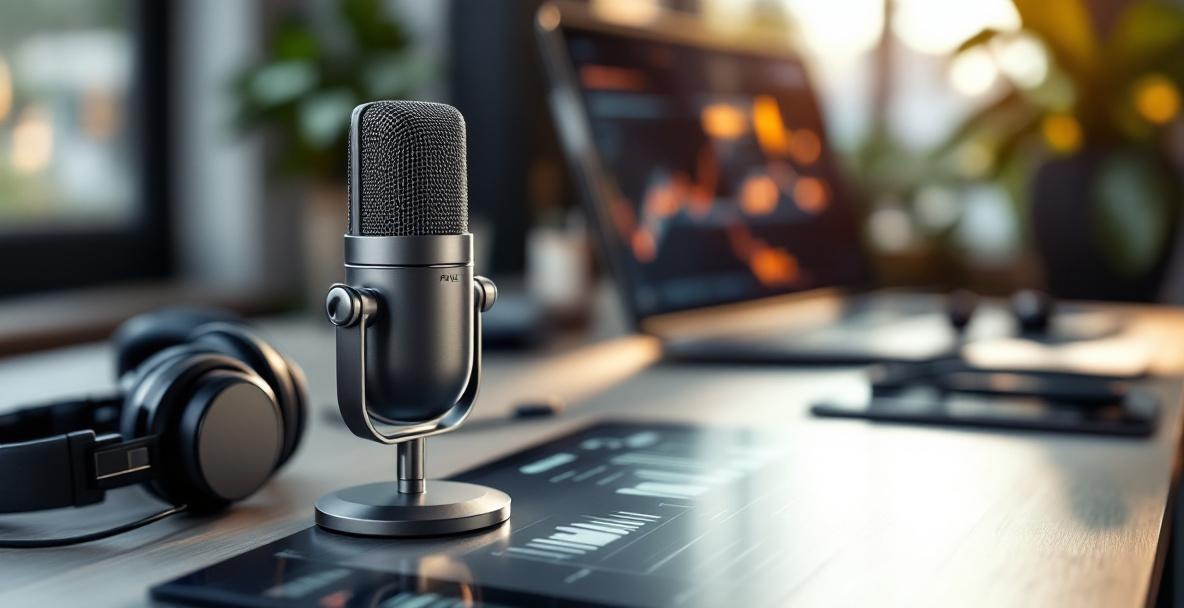 Modern microphone with tech gadgets on a sleek desk in a cozy studio.