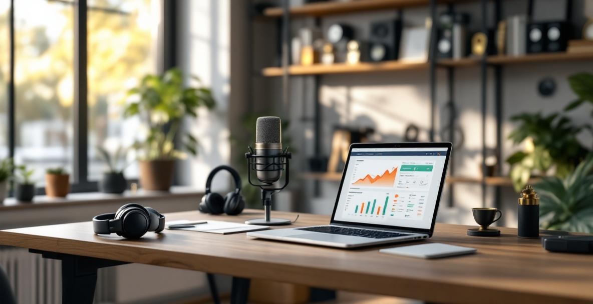 Modern home office setup with podcasting gear, including a microphone, laptop, and headphones.