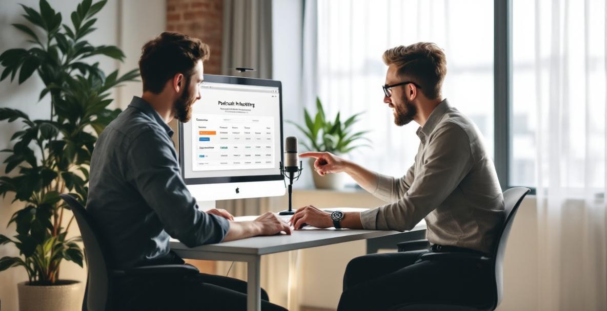Two professionals discuss podcast hosting in a modern office with a laptop and microphone.