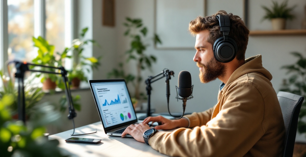 Podcaster analyzing demographic analytics on a laptop in a modern studio.