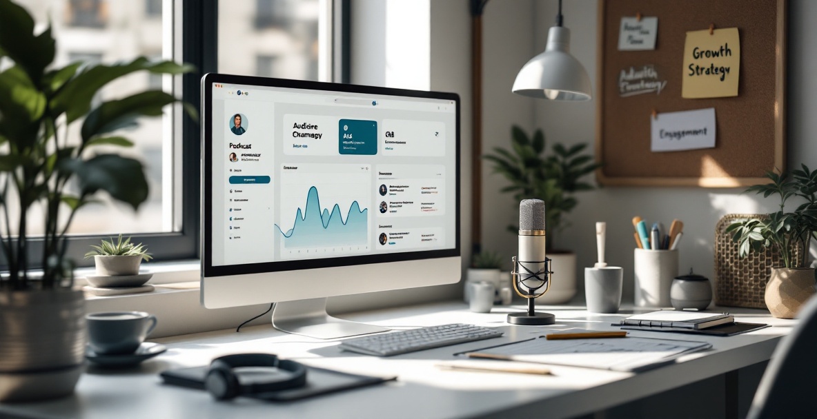 Workspace with podcast tools, screen showing analytics, promoting 'Maximizing Promotional Channels' for marketing.