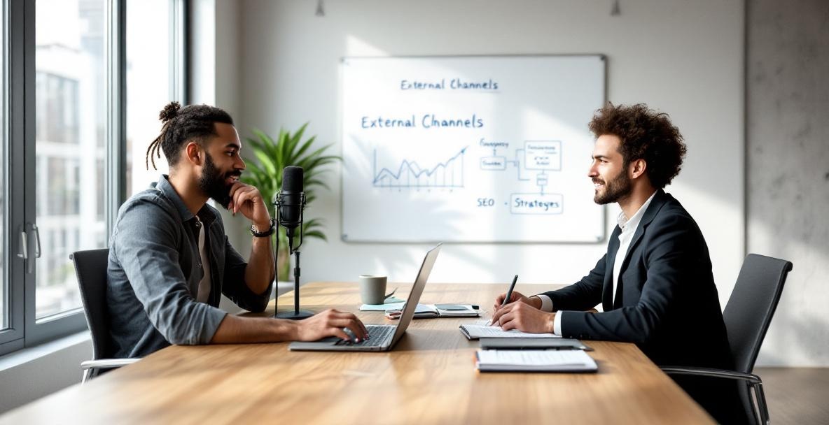 Podcaster and marketer collaborate in a modern office on podcast SEO strategy.
