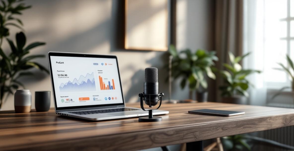 Modern podcast studio with microphone, laptop showing analytics, and minimalistic backdrop.