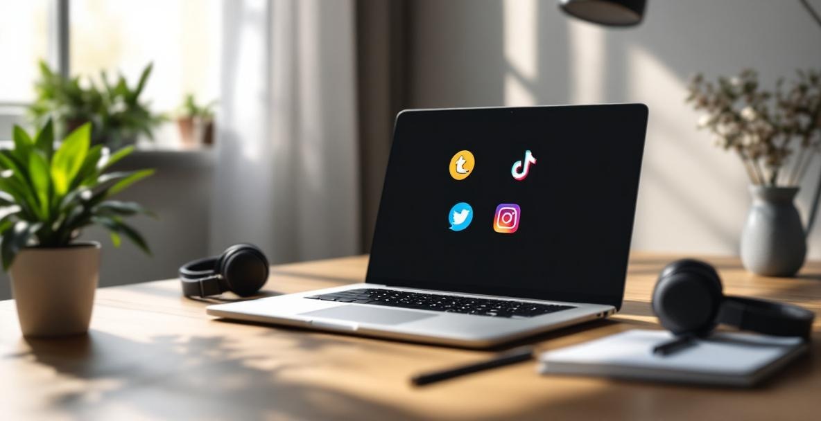 Minimalistic home office with laptop showing social media icons, microphone, headphones, and notepad.