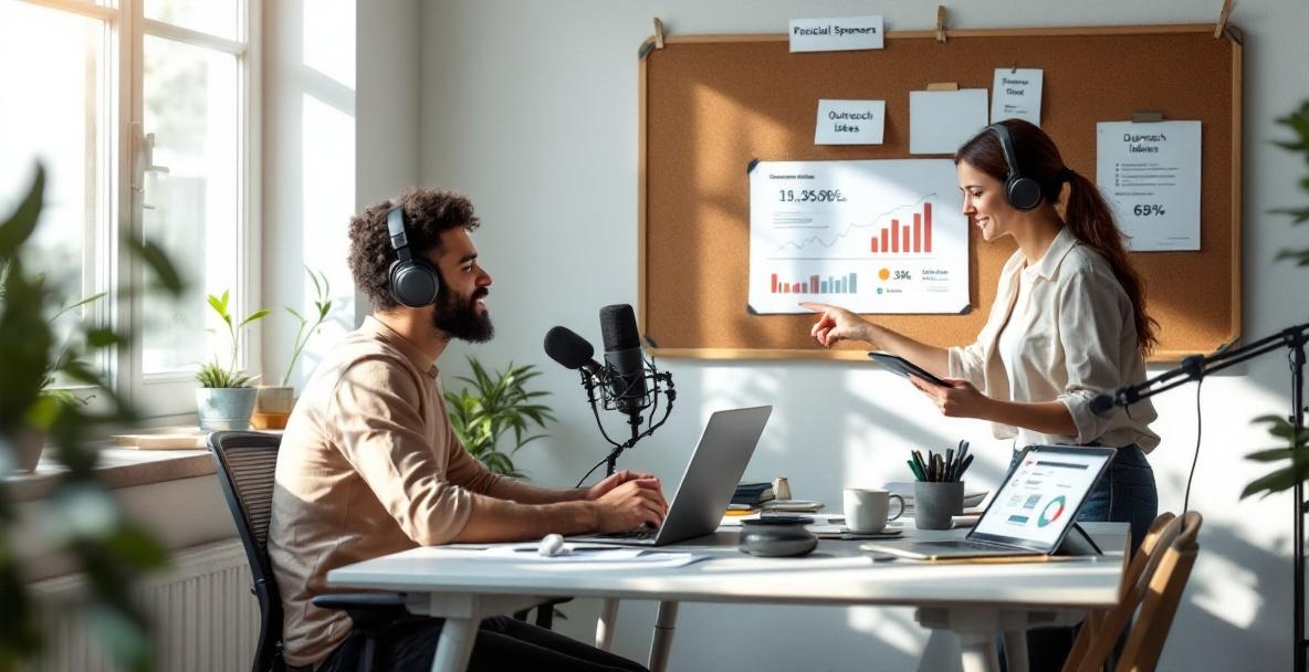Podcaster and digital marketer collaborate over sponsorship strategies at a desk.