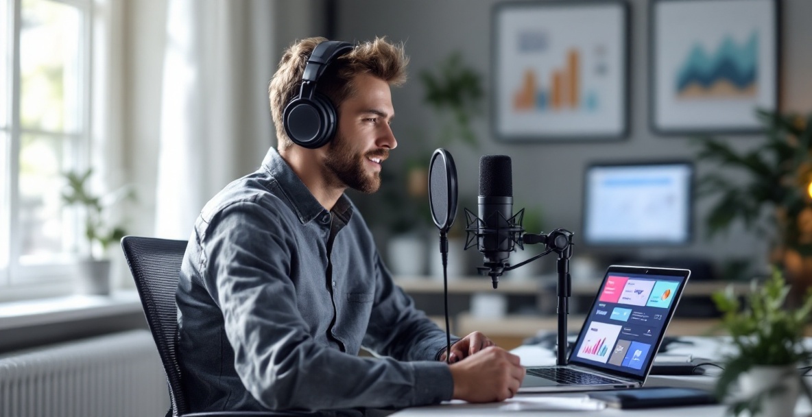 Podcaster at a recording desk with marketing graphs on screen.