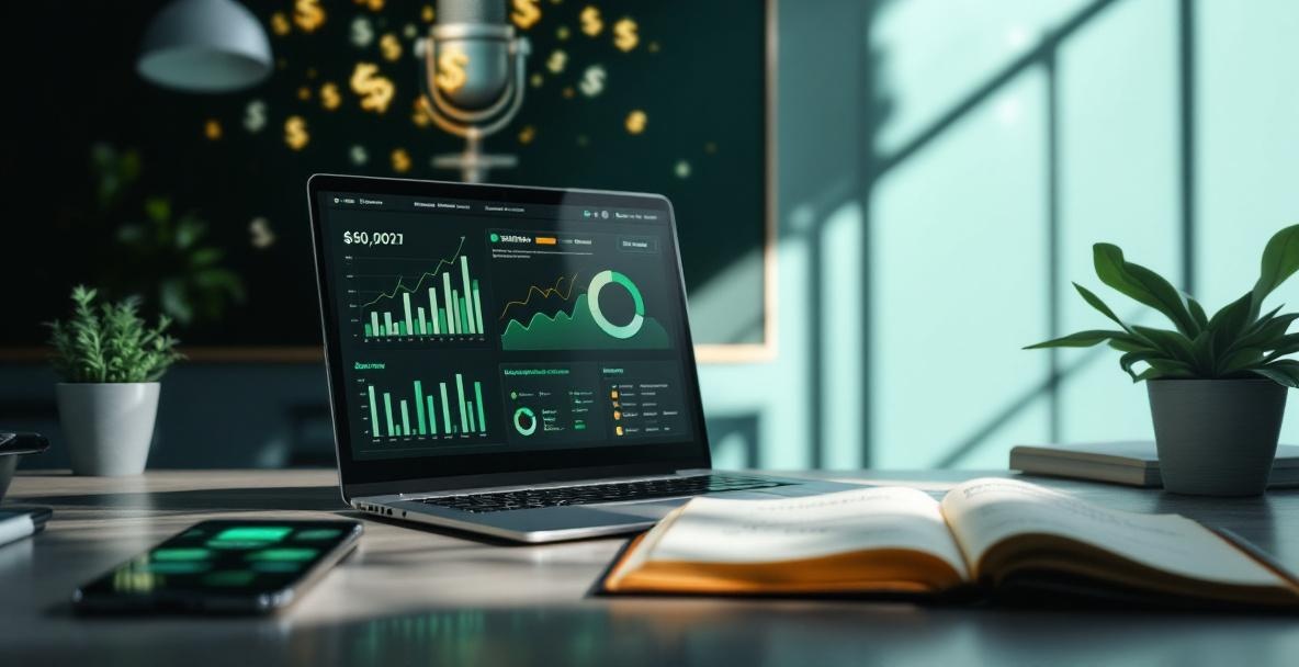 Modern podcaster workspace with graphs, notes on sponsorship strategies, and monetization imagery.