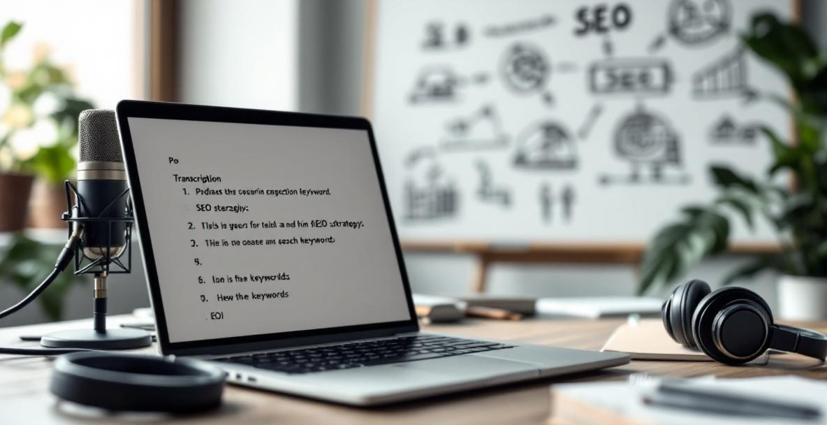 Modern podcaster's desk with laptop showing podcast transcription and SEO strategy whiteboard in background.