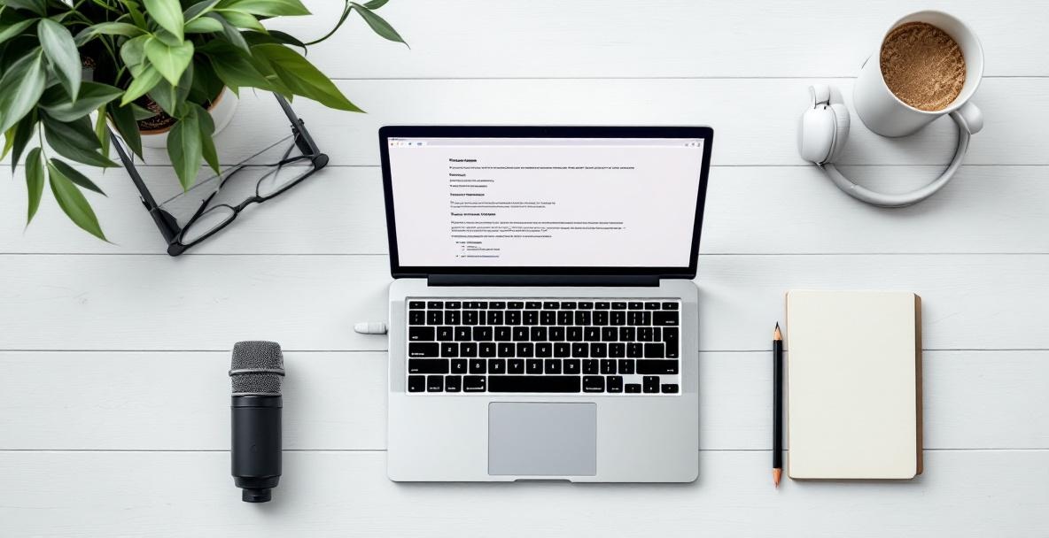 Top-down view of a modern podcast workspace with laptop, microphone, headphones, notepad, and pencil.